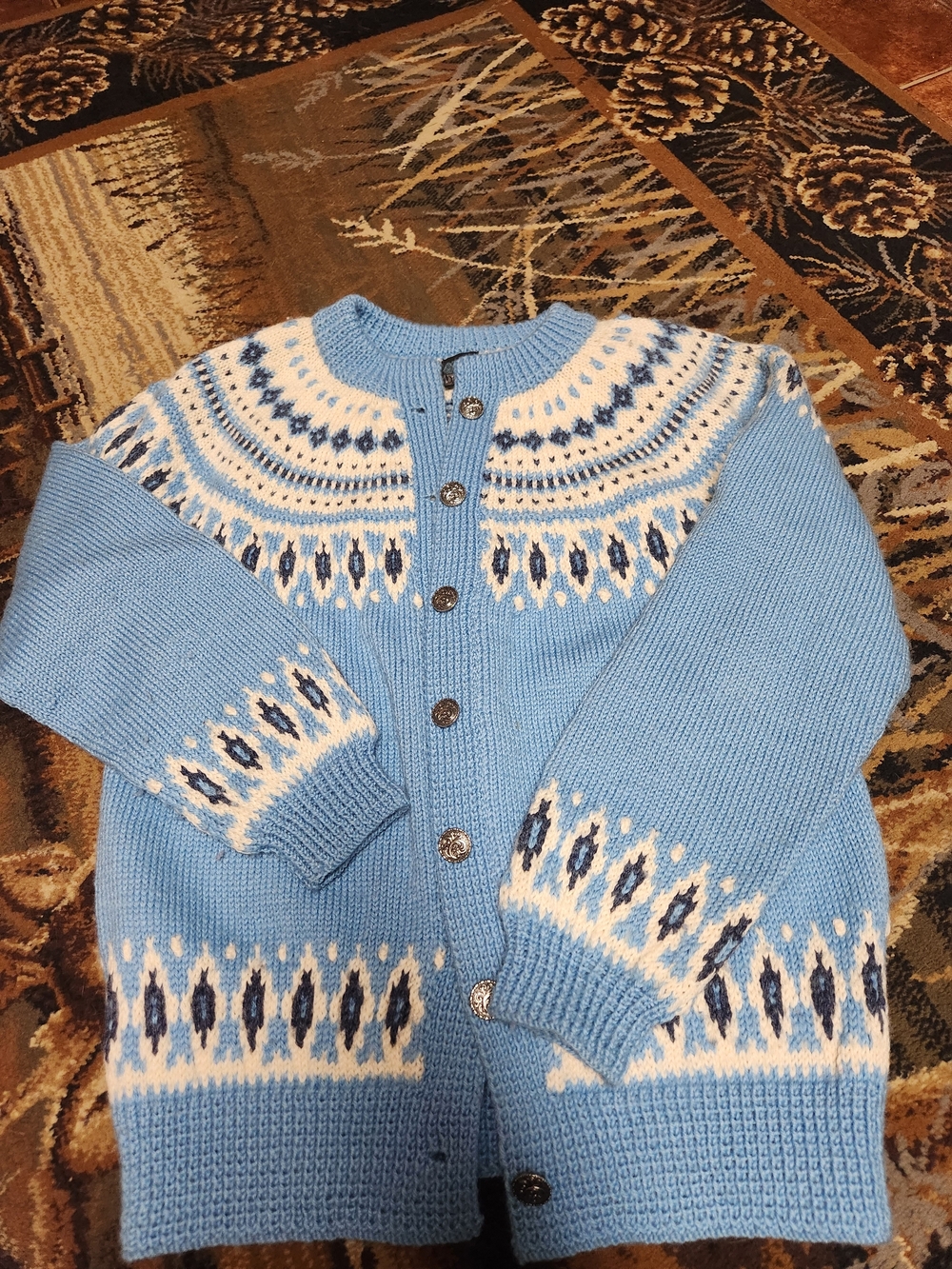 Dale of Norway Light Blue and White Fair Isle Wool Cardigan